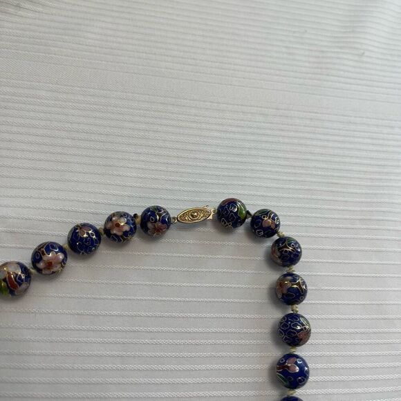 VTG Chinese Export Blue Pink Flower Cloisonne Beaded Necklace Gold Vermeil Clasp - Picture 5 of 7